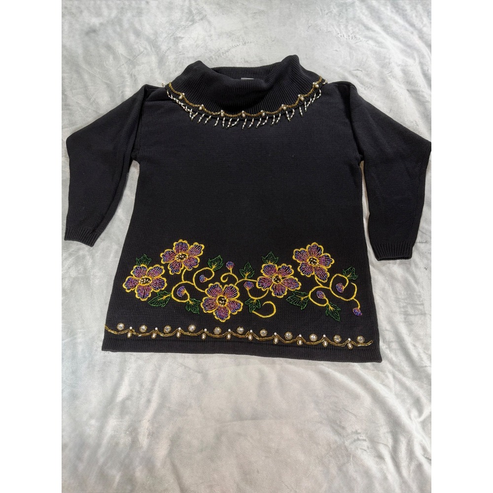 Vintage 90s Victoria Jones Ramie Sweater Women Md Black Floral Beaded Cowl Neck